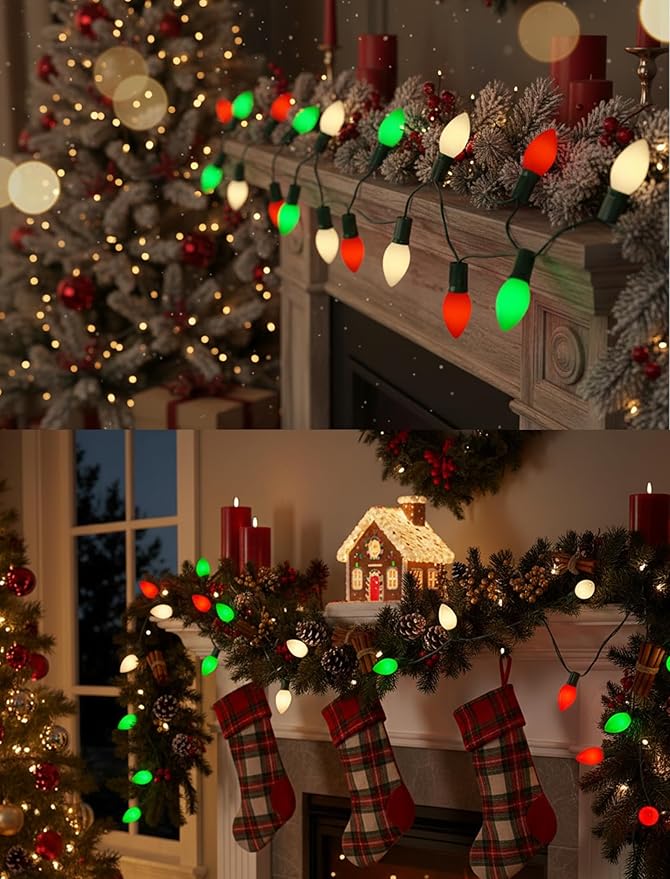 25FT Red Green White Christmas LightsVintage C9 LED Christmas Light with 26 Shatterproof Plastic BulbsConnectable Multicolor Outdoor Lights for Christmas Tree GardensParty Holiday