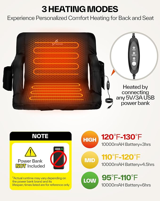 Sportneer Heated Stadium Seats with Back Support: 6 Adjustable Angles Extra Wide Bleacher Seat with Dual Heating Zones - 2.5 Padded Stadium Seats for Sports Outdoors(Power Bank Not Included)