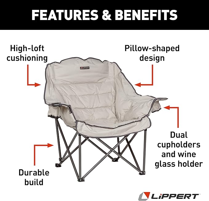 Lippert Big Bear Club Camping Chair - Sand Comfortable Foldable Chair Oversized Pillow Cushions Dual Cupholders Powder Coated Steel 600D Polyester Fabric 400 lb. Capacity 2022114813