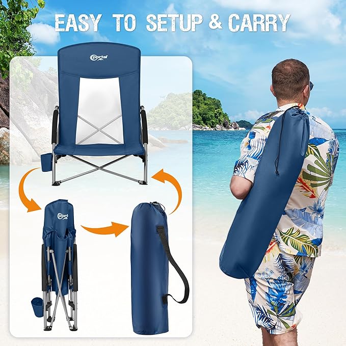 Portal Beach Chairs for Adults Camping Low Lightweight Portable Chair with Cup Holder Mesh Back Carry Bag for Outdoor Sand Lawn Travel Picnic Festival Concert