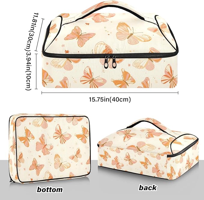 Casserole Carrier Grace Butterflies and Bows PatternInsulated Casserole Carrier for Hot or Cold Food Thermal Lunch Tote for Potluck Parties Picnic Beach Fits 9 x 13 Inches Baking Dish