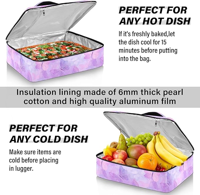 Casserole Carrier Cute Pattern Butterfly PurpleInsulated Casserole Carrier for Hot or Cold Food Thermal Lunch Tote for Potluck Parties Picnic Beach Fits 9 x 13 Inches Baking Dish