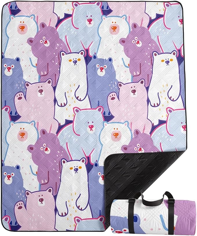 Outdoor Picnic BlanketPortable Sandproof Waterproof Picnic MatCartoon Bears Printed Camping Beach Mat for Sand and Wet Grass Hiking (Cartoon Bears L)