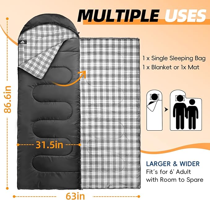 MEREZA Flannel Sleeping Bag for Adults XL Large Wide Sleeping Bags for Camping Mens Warm Cotton Sleeping Bag 4 Season Warm &amp Cool Weather