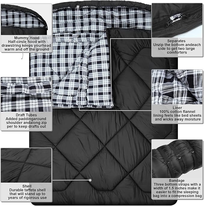 AGEMORE 0 Degree Double Sleeping Bag for Adults Cotton Flannel Lined 2 Person Queen Size Warm Sleeping Bag for Family Winter Camping or RV Traveling