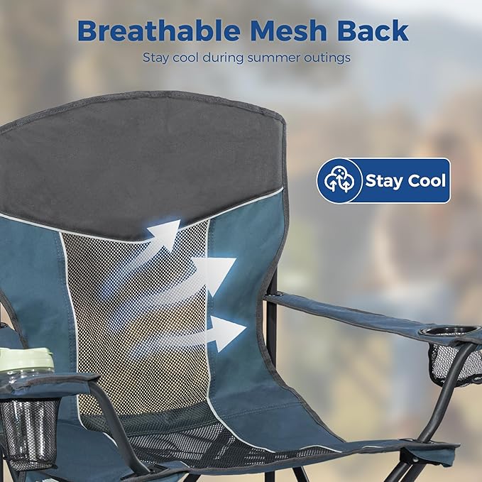 Outdoor Camping Chair 2-Pack with Mesh Back Folding Portable Lawn Chairs with Cup Holder &amp Side Storage Pocket for Camping Beach Picnic Fishing(Blue)