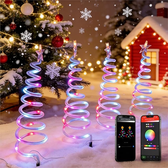 8 Pack Smart Christmas Pathway Lights Outdoor with Music Sync 100+ Lighting Modes Waterproof RGB Spiral Christmas Tree Path Lights for Yard Driveway Patio Garden &amp Landscape Spotlights LED Li