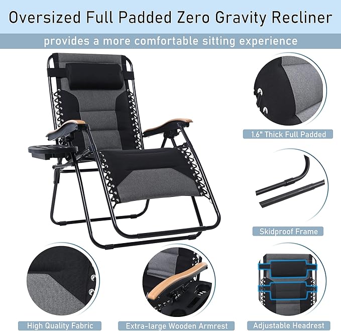 PHI VILLA XXL Oversized Padded Zero Gravity Chair Set of 2 Foldable Patio Recliner 30 Wide Seat Anti Gravity Lounger with Armrest and Cup Holder Support 400 LBS (Black)