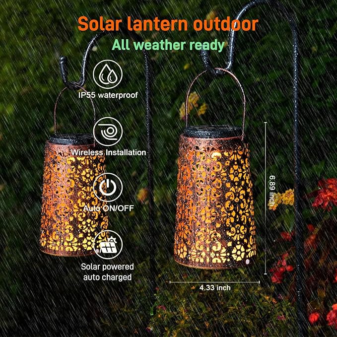 4 Pack Solar Hanging Lanterns Outdoor 2 Modes Adjustable White &amp Warm Light Auto On/Off Metal Waterproof Solar Lights for Patio Garden Wall &amp Tabletop Decor
