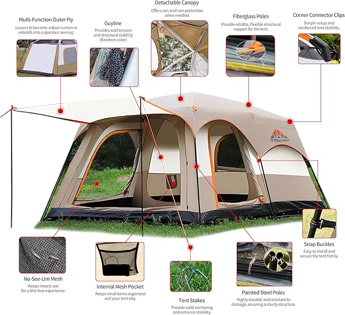 Large Family Standing Upright Camping Tent - 5-12 Persons Multi-Room Waterproof Tent with Screened Porch - Glamping Tent for Outdoor Camping &amp Family Vacation