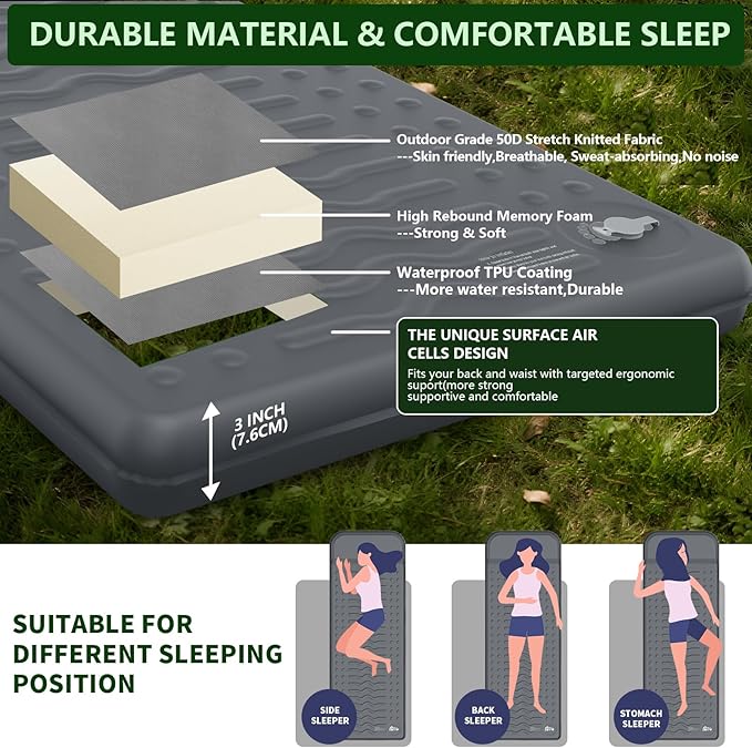 HiiPeak Memory Sleeping Pad Compact 3 Thick Foam Sleeping Mats with Pillow 9.5 R-Value Insulated Camping Mattress Pad Easy Inflate &amp Deflate Inflatable Sleep Mat for Backpacking Hiking Car Te