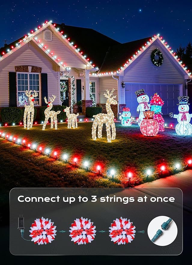 C9 Outdoor Christmas Lights 72 FT 110 LED C9 String Lights 8 Modes &amp Timer Extendable Waterproof for Christmas Tree Indoor Outdoor Roofline Patio Outside Garden Backyard Xmas Decor Red White 2