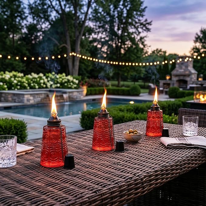 Seraphic Citronella Table Top Torches for Outdoor Patio 16oz Decorative Glass Torch Citronella Candles for Outside Deck Garden Parties Set of 3 Red