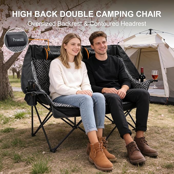 High Back Double Camping Chair Padded Folding Loveseat with Adjustable Pillows Heavy Duty 2 Person Camping Lawn Chairs for Adults with Cup Holders &amp Wine Racks for Outdoor Sports Beach Fishing