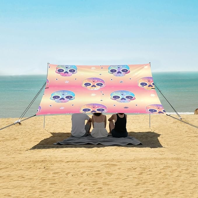 ALAZA Rrainbow Skulls Beach Tent Sun Shelter UPF50+ Protection Beach Shade Canopy w/ 4 Sandbags for Outdoor Camping Fishing Backyard Fun Picnic 10x9 ft