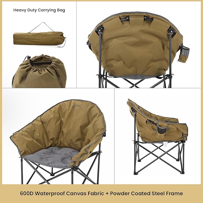 ARROWHEAD OUTDOOR Oversized Heavy-Duty Club Folding Camping Chair with Pocket Cup Holder Portable Padded Moon Round Saucer Supports 330lbs Carrying Bag