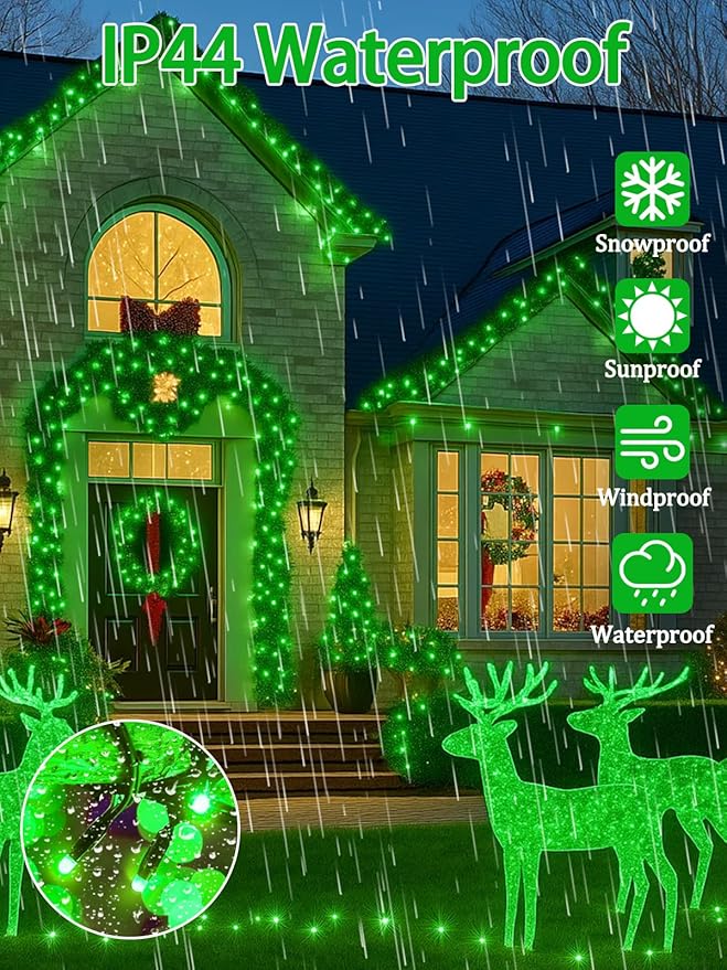 2-Pack 66FT 200 LED St. Patrick's Day Lights 13 Modes Extendable Christmas Tree Lights with Timer &amp Memory Waterproof Twinkle Fairy Lights Green Wire Outdoor String Lights Indoor for Xmas (Green