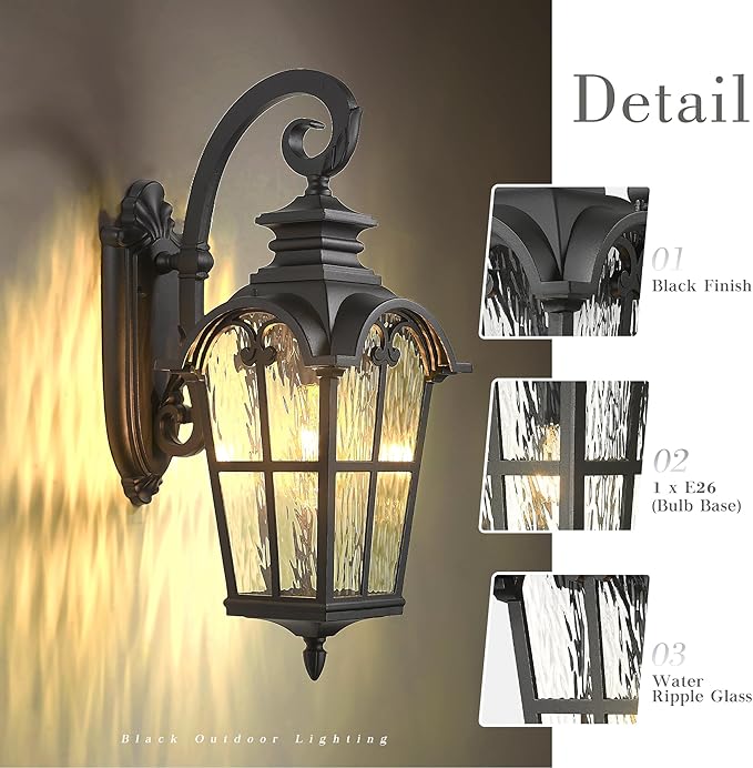 Emliviar Porch Outdoor Wall Lantern Vintage Wall Mount Light Fixture with Water Ripple Glass Matte Black Carriage Light for Yard Barn Patio WE215BM-SW BK