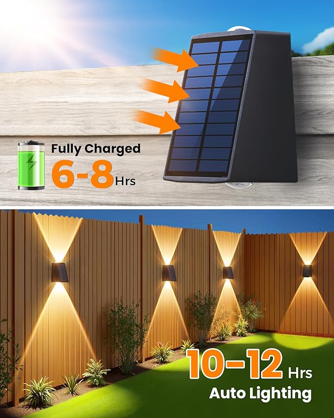 LUHLEE Solar Wall Lights Outdoor 2000mAh 3000K Wall SconcesUp and Down LightingIP65 Waterproof Solar Outdoor Lights for Wall House Fence Patio Porch Garage Yard (Warm White 4 Pack)