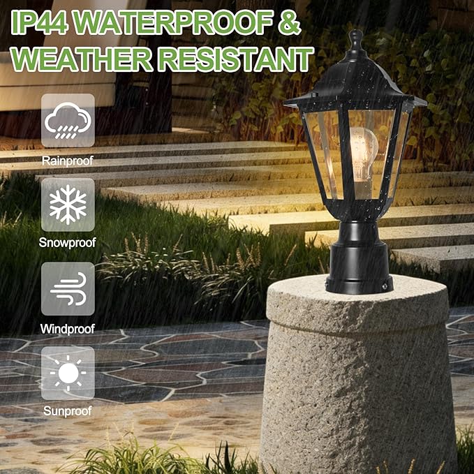 FUDESY Outdoor Post Light Exterior Lamp Post Light Fixture with Pier Mount Base Waterproof Pole Lantern Lighting with E26 Socket Matte Black Plastic Lamp for Garden Patio Pathway(Bulb Included)