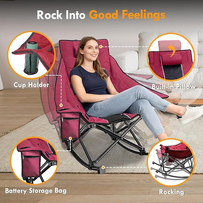 Slendor Oversized Heated Camping Chair with 2000mAh Battery Padded &amp Pillow Heated Rocking Chair 3 Adjustable Heat Settings Camping Rocker Chair for Easy Setup and Foldable Storage