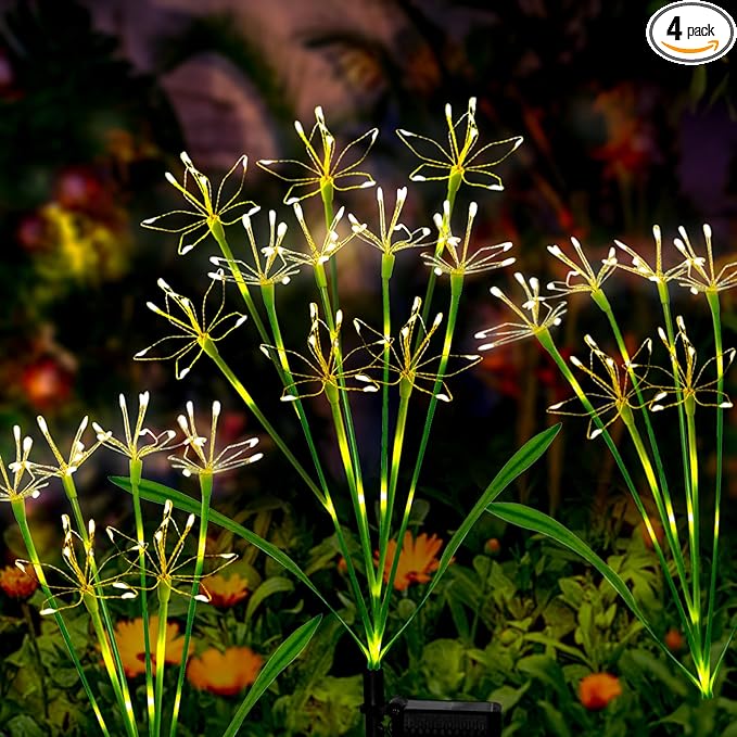Solar Garden Lights Decor: Gardening Gifts for Women Mothers Day Warm White - Waterproof Twinkling Swaying Firefly Solar Lights Outdoor with 2 Modes for Yard Patio Pathway Decoration 4-Pack