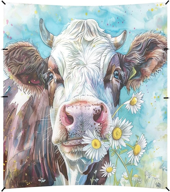 ALAZA Watercolor Cows with Chrysanthemum Farm Animal Portraits in Their Mouths Beach Tent Sun Shelter UPF50+ Protection Beach Shade Canopy w/ 4 Sandbags for Outdoor Camping Fishing Backyard Fun Pic