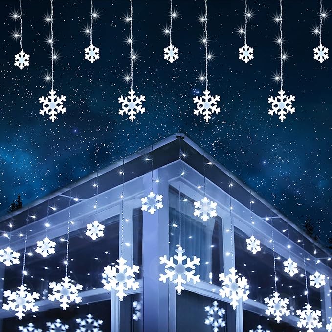 Christmas Snowflake Lights 10.66ft 168 LED Icicle Lights Outdoor with 14 Drops 8 Modes Waterproof Connectable Christmas Light for Eaves Wedding Garden Yard Indoor Outdoor Xmas Decorations (White)