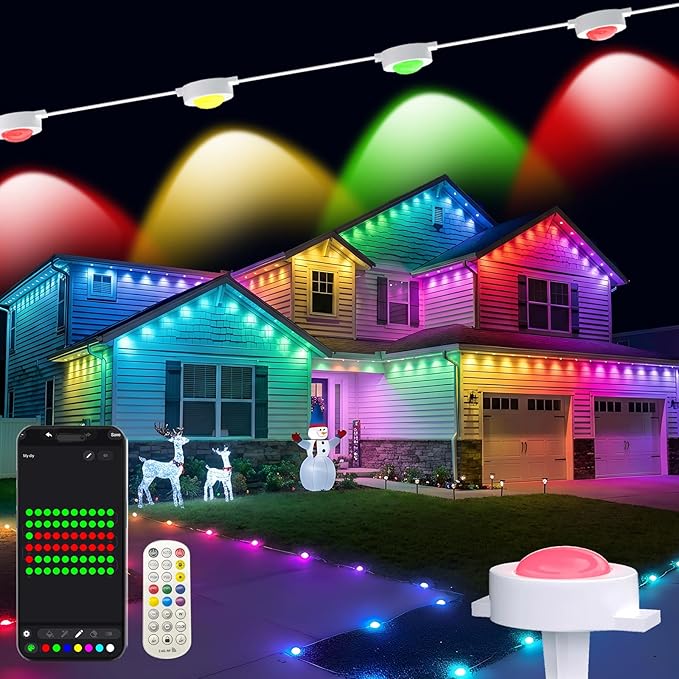 Permanent Outdoor Lights with Remote 100ft with 60 RGB-IC LED Lights for House Daily &amp Holiday Lighting  IP67 Waterproof 90+ Scene Modes for Outdoor Decor 2 in 1 Use for Eaves &amp Ground Lig