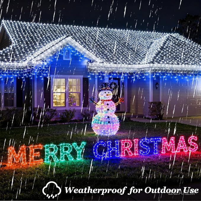612 LED String lights Indoor Outdoor 60ft Christmas Window Lights with 136 Drops 12 Modes Dimmable Curtain Lights Fairy Lights for Bedroom Holiday Wedding Party Home Decorations Blue &amp White