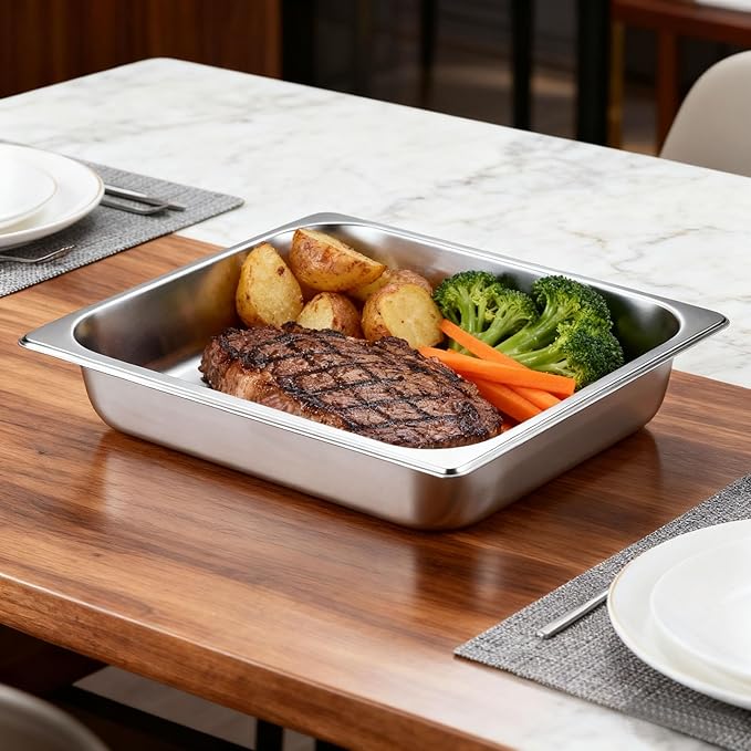 4 Pack Half Size Hotel Pan 1/2 Size 2.5 Inch Deep Stainless Steel Steam Table Pan Stackable Steam Pan Half Pans for Chafing Dishes Breading Trays for Home Party Hotel Buffet
