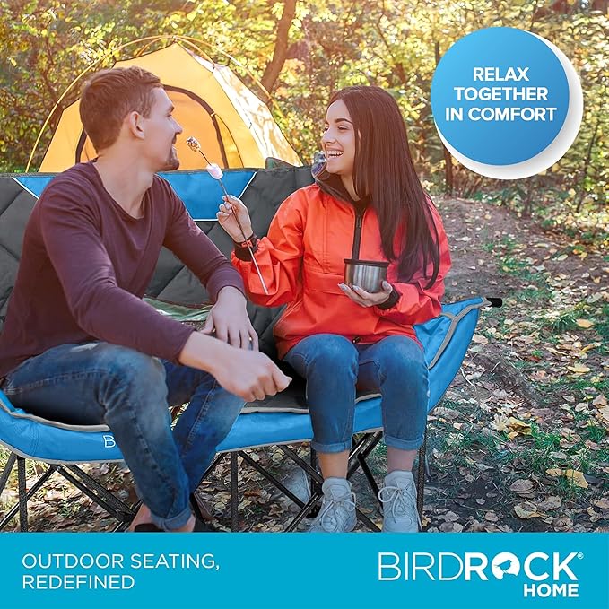 BIRDROCK HOME Double Camping Chair - Double Wine &amp Cup Holders - Blue &amp Grey Durable Padded Fabric Sturdy Frame 650 lb Cap. Storage Spacious Camping Sofa Loveseat for The Beach Sports O