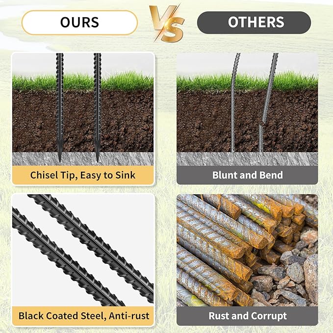 24 Inches Straight Rebar Stakes(20-Pack) 1/2 Diameter Steel Metal Stakes for Garden with Chisel Point End Heavy Duty Ground Anchors for Landscape Concrete Form Camping &amp Trapping Black
