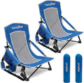 SUNNYFEEL Folding Low Camping Beach Chair 2 Pack Lightweight Portable Lawn Chair with Mesh Back Cup Holder for Outdoor/Travel/Picnic/Concert Foldable Camp Backpack Chair with Carry Bag