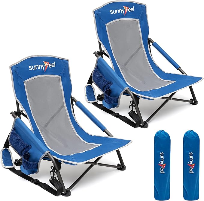 SUNNYFEEL Folding Low Camping Beach Chair 2 Pack Lightweight Portable Lawn Chair with Mesh Back Cup Holder for Outdoor/Travel/Picnic/Concert Foldable Camp Backpack Chair with Carry Bag