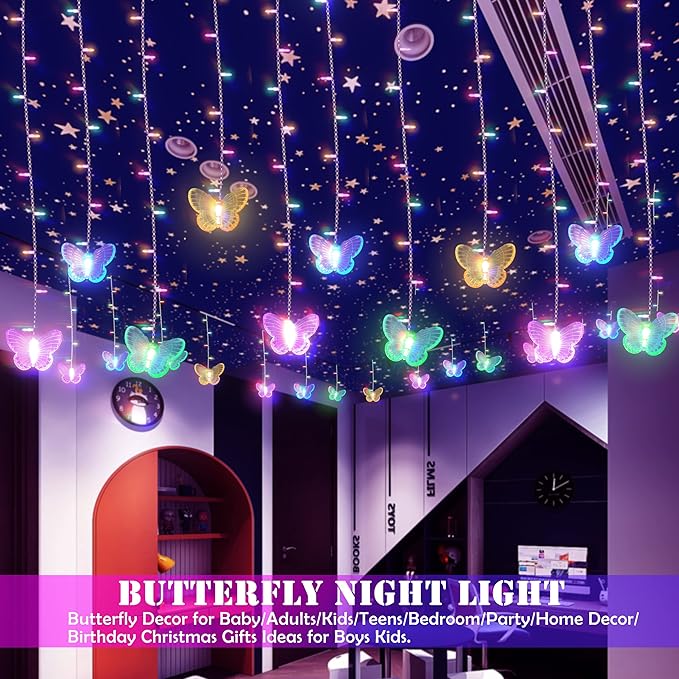 120 LED 20FT Butterfly Curtain Fairy Lights USB Pluged - 8 Modes Starry Twinkle Icicle String Lights with Remote Timer Waterproof for Kids Bedroom Christmas Wedding Party Dorm(Multicolor2)