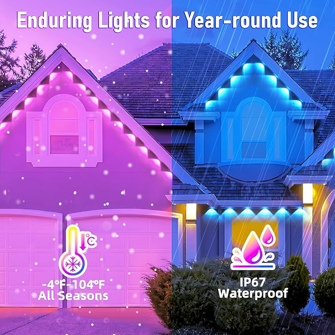 MUCCCUTE Permanent Outdoor Lights for Holidays Easter 200ft RGB House Light w/App &amp Remote Control Smart Rainbow LED IP67 Waterproof for New Year Christmas Roof Eaves Garden Décor All Year Around