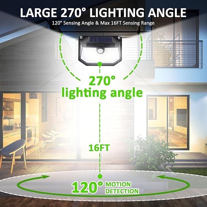 Solar Outdoor Lights 230 LED with Motion Sensor and 3 Modes IP65 Waterproof 270° Wide Angle Light Easy-to-Install Intelligent Security Wireless Wall Lights for Porch Garage Yard(4 Pack)