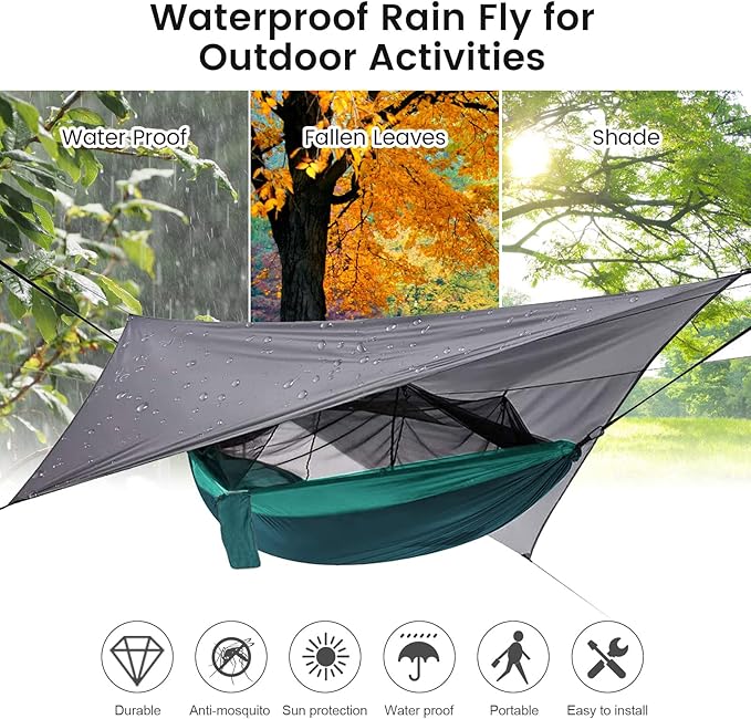 Camping Hammock with Mosquito Net &amp Rain Fly Tent Tarp &amp Tree Straps Portable Strong Nylon Hammock Parachute Tent w/Storage Bag for Camping Hiking Backyard Outdoor Backpacking Travel