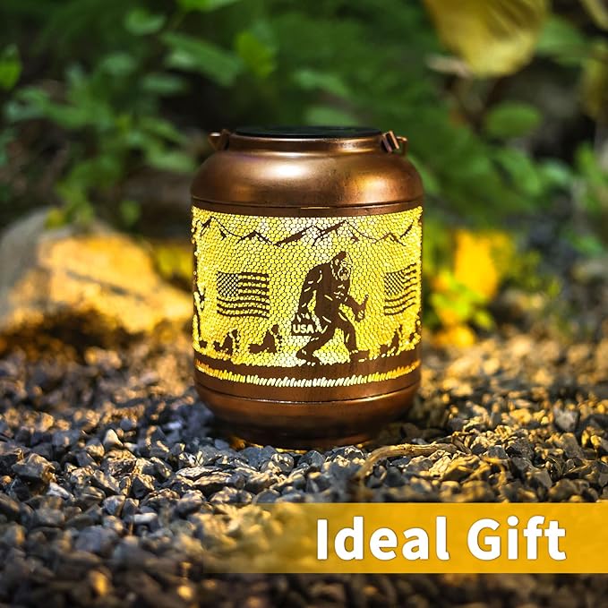 Bigfoot Solar Lanterns Outdoor Waterproof Hanging Solar Lights Big Foot Sasquatch Birthday Gifts for Women Men Metal Decoratives LED Lantern for Patio Backyard Porch Yard Lawn Garden Decor