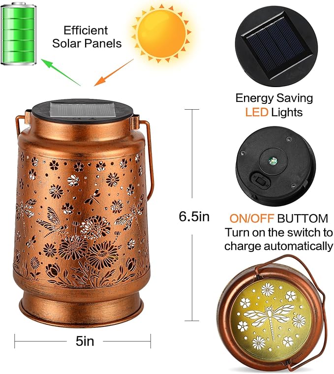2 Pack Dragonfly Solar Lanterns Outdoor Waterproof Daisy Garden Decor Birthday Gifts for Women Mom Grandma Hanging Solar Lights Metal Lantern Decoration Outside for PorchPatioYardBackyard