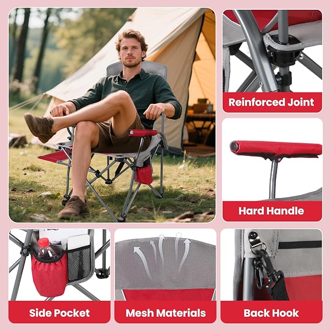 Ablazer Camping Chairs with Side Table Support 300 LBS Lawn Chairs for Adults Heavy Duty Folding Chairs for Outside Camping RV Trip (Red)