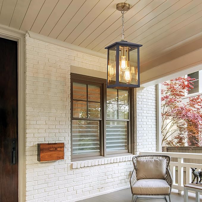 3-Lights Large Outdoor Pendant Light with Clear Glass17Inch Ht Exterior Hanging Lantern with Textured BlackSuit for Damp LocationsEasily Installed on Your Porch &amp Patio Yard Garden.