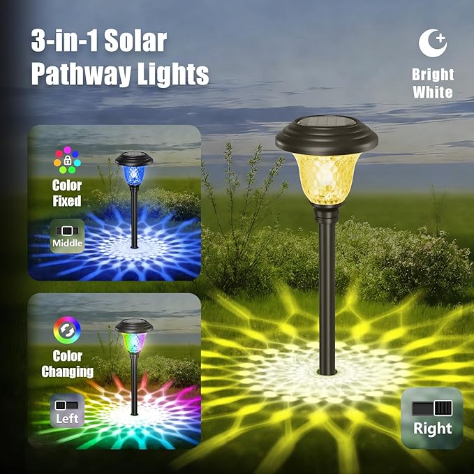 BEAU JARDIN 8 Pack Solar Pathway Lights Outdoor Solar Powered Light Waterproof Glass High Lumen for Garden Landscape Path Yard Walkway Patio Driveway Outside White Color Changing Black