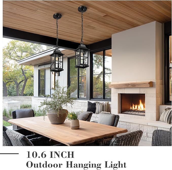 Emliviar Modern Outdoor Hanging Lantern with Dusk to Dawn Sensor 10.6 Inch Pendant Lighting Fixture for Porch in Black Finish Water Ripple Glass YXE306H-PC BK-SW