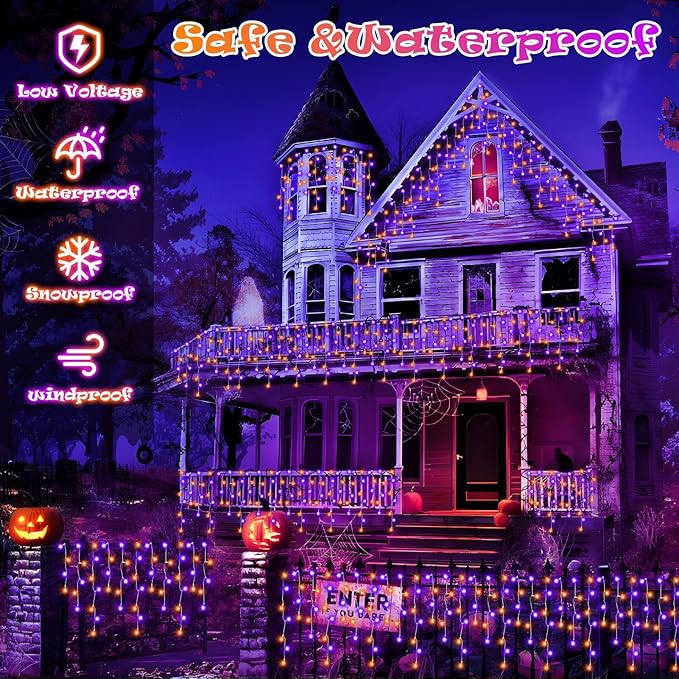 Heceltt 131FT 1280LED Halloween Lights DecorationOrange Purple Led String Lights Outdoor with 240 Drops8 Lighting ModesTimer Memory Function for Halloween Night Party Fence Yard Roof Decor
