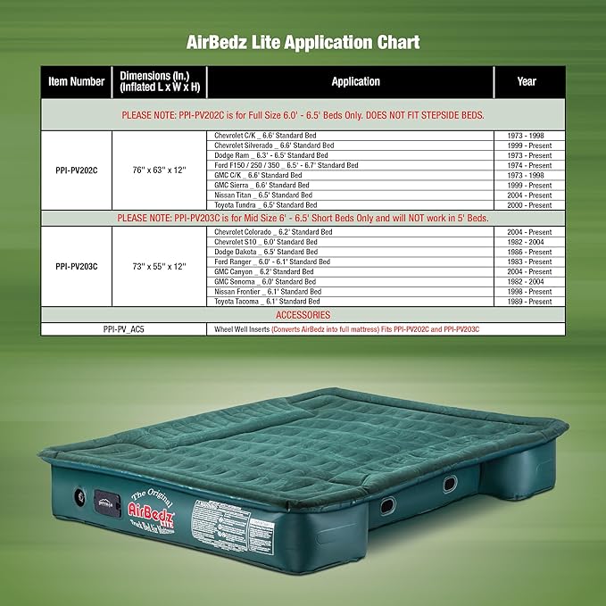 Pittman - Truck Bed Air Mattress Inserts - Side Inserts for Airbedz Battery Pump Green 200 Series Truck Air Mattress - Gen 2 Inserts - PPI-PV_AC5_G2