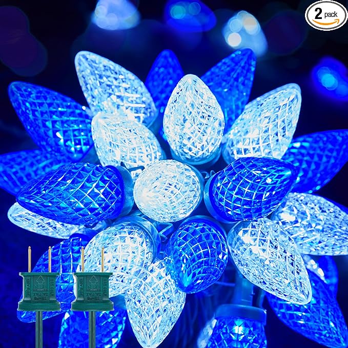Brightown 2 Pack Blue and White C9 LED Christmas String Lights - 33ft 50 LED Waterproof Strawberry String Lights Plug-in Extendable Green Wire Lights String for Outdoor Indoor Patio Party Decoration