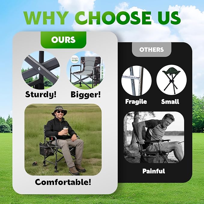 Fishing Chair with Rod Holder Folding Heavy Duty Ice Fishing Camping Chair with Liftable Cooler Bag Cup Holder Adjustable Legs