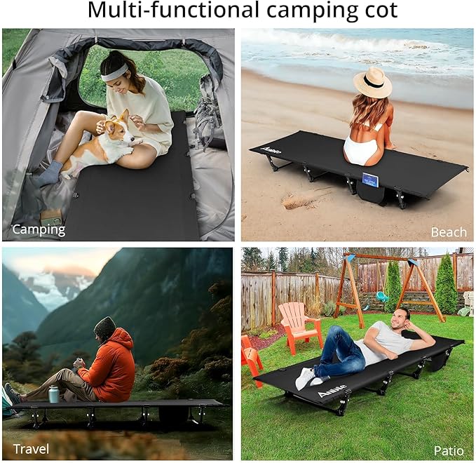 Anbte Ultralight Folding Camping Cot Comfortable Portable Camping Cot Supports 275 lbs with Storage Bag &amp Side Pocket Lightweight Folding Bed for Outdoor Travel Tent Indoor Emergency Bed Black